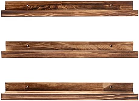 MBYD 24 Inch Picture Ledge Shelf Set of 3, Rustic Torched Wood Floating Shelves for Bedroom Living Room Kitchen Wall Dec