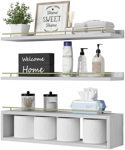 WOPITUES Floating Shelves for Wall 24 inch with Cube Shelf, Wall Shelves with Metal Rail for Decor, Bathroom Organizers 