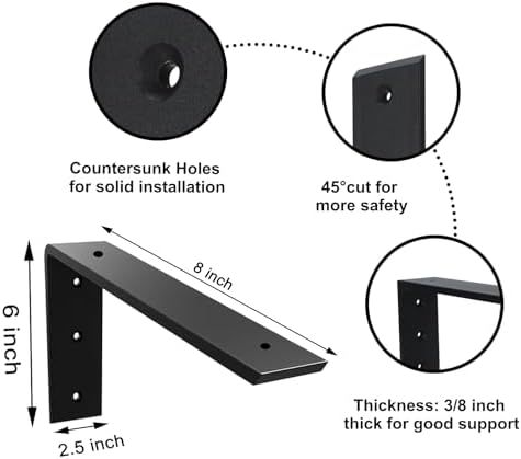 Countertop Support Bracket 3 Pack 8 inch Heavy Duty 3/8" Thick Black Granite Countertop Bracket 8"x6"x2.5" Shelf L Brack