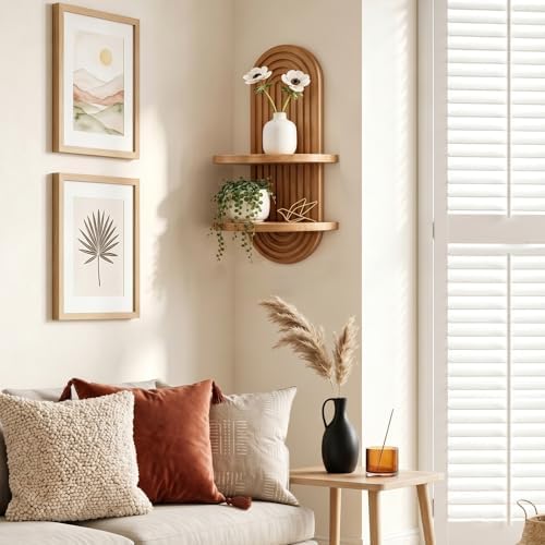 Boho Wall Decor Shelf, Mid Century Modern Plant Floating Shelves Oak
