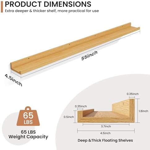 Fun Memories Picture Ledge Shelves Set of 2, 55 Inch Rustic Wall Mounted Floating Shelves with Lip for Home Storage and 