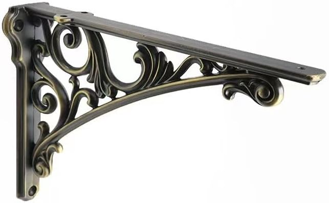 Decorative Shelf Bracket 6 inch, Brushed Antique Brass Brackets for Shelving, Heavy Duty Vintage, DIY Projects, Hardware