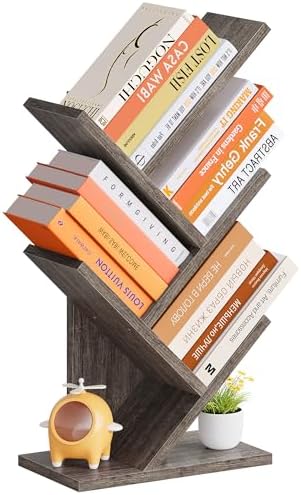 Hoctieon 4 Tier Tree Bookshelf, 4 Shelf Bookcase, Free Standing Tree Bookcase, Display Floor Standing Shelf for Books, B