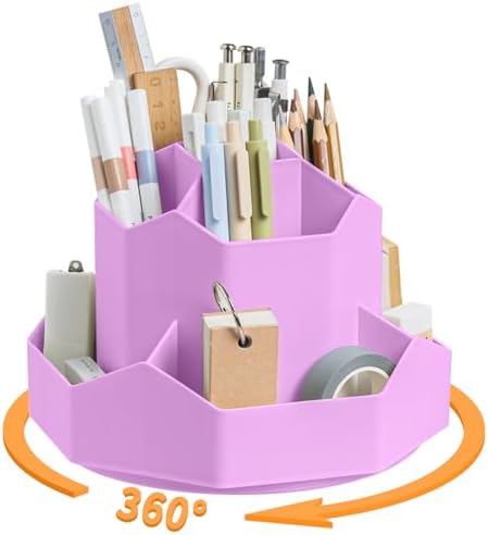 Pencil Pen Holder for Desk,9 Slots 360 Degree Rotating Desk Organizers,Desktop Storage Stationery Supplies Organizer, Cute Pencil Cup Pot For Office, School, Home(Purple)