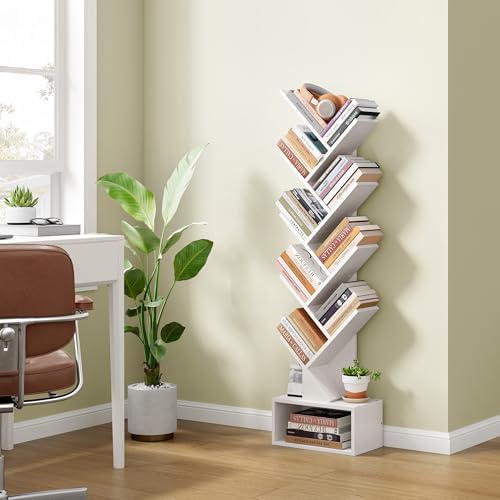 Hoctieon 9 Tier Tree Bookshelf, Tall Bookcase with Drawer, Wood Book Shelf, Modern Floor Standing Bookshelves, Book Orga
