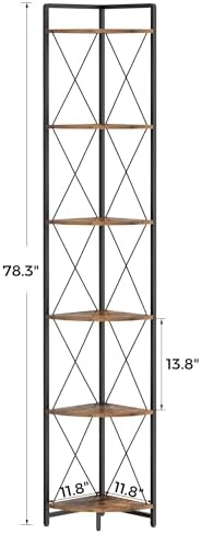 6 Tier Corner Shelf Stand, 78" H Tall Corner Bookshelf, Rustic Brown