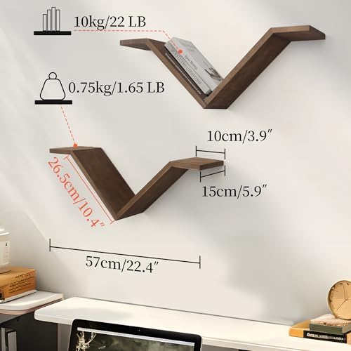 Walnut Book Shelves for Wall, Modern Hanging Bookshelf Set of 2