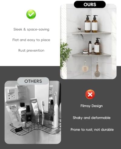 Corner Shower Shelves with Razor Slot & 2 Hooks, 10" Stainless Steel Recessed Triangle Shelf Racks for Bathroom, Grout i