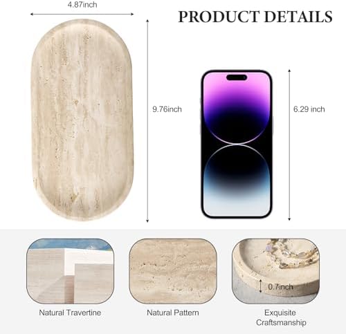 Koville Natural Marble Tray for Bathroom Counter, 10" x 5" Travertine Marble Storage Trays for Perfume, Cosmetics, Jewel