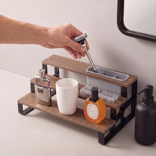 3 Tier Cologne Organizer for Men, Perfume Stand with Toiletry Caddy Wooden