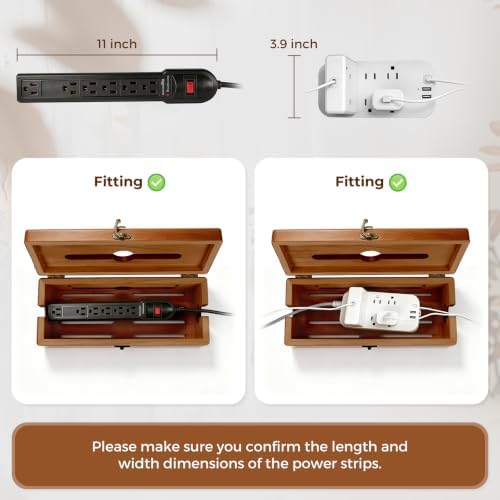 Large Cable Management Box with Clasp, Soild Wood Cord Box with 4 Open Slots, Cable Box to Hide Cords and Power Strip