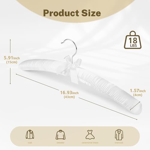 HOUSE DAY 6 Pack White Satin Padded Hangers for Women Clothing, 17 Inch