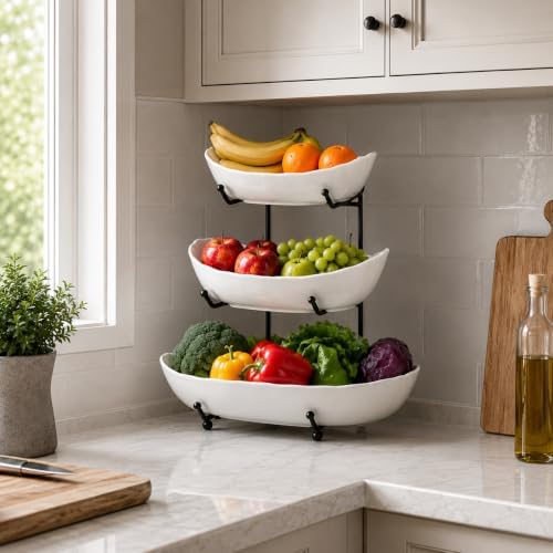 HBlife 3 Tier Large Fruit Bowl, Ceramic Fruit Basket for Kitchen Counter