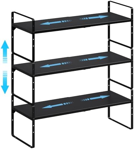 15.5 to 25.5 Inch Kitchen Cabinet Shelf Organizers, Adjustable Kitchen Counter Shelf Organizer, Set of 3 Expandable Coun