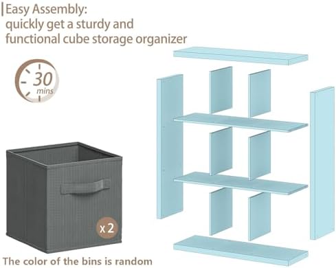 Bookshelf with Storage Bins, 9-Cube Storage Organizer Sturdy Wooden Bookcase Open Book Shelf, Multifunctional Cubicle Ra