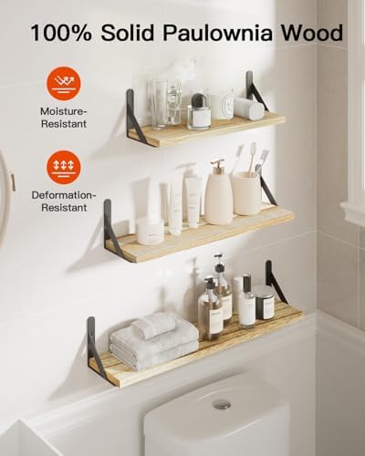 Amada Solid Paulownia Wood Wall Shelves, Large Size, 6 Pcs, Natural Wood