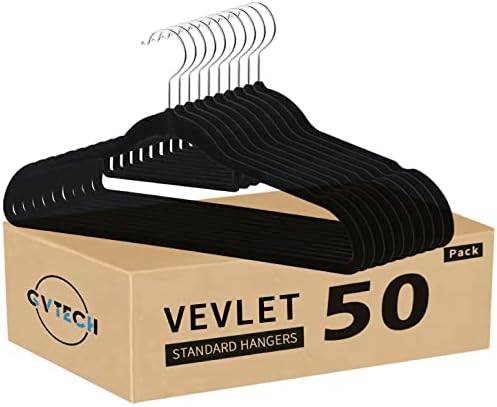 GVTECH Premium Velvet Hangers, [50 Pack] Non Slip and Heavy Duty Velvet Suit Hangers (45cm) with Tie Bar, 360° Swivel Hooks, Sturdy to Hold Jumper, Pullovers, Jackets & Hoodies (50 Pack, Black)