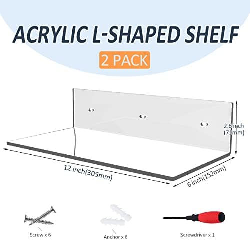 Sezanrpt 12 Inches Acrylic Wall Shelves 2 Pack, Floating Shelf for Wall Mounting, Acrylic Display Ledges for Funko Pop Figures, Home Décor, Living Room, Gaming Room, Plants(12 inch, Clear)