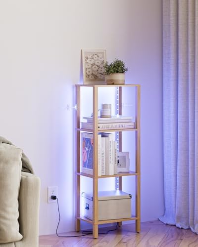 Open Book Shelf with LED Lights, 4 Tier Small Bookshelf, Freestanding Shelf Narrow Bookcase with Open Shelves, 14.96" x 
