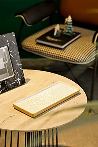 Vanity Tray with Brown Trim - Rectangular White Candle & Perfume Holder Organizer - 12"4.7" for Dresser, Table, Bathroom