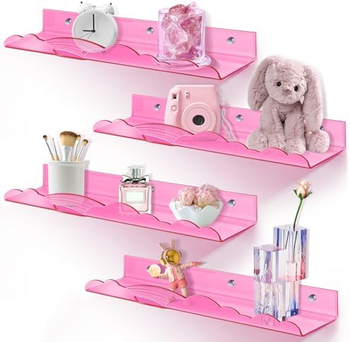 Rainbow Acrylic Floating Shelves, Wall Mounted, 15in, 4 Pack, Pink