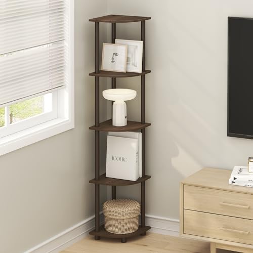 Furinno TURN-N-TUBE Corner Shelf Set of 2, 5-Tier Corner Bookshelf, Open Storage Shelves, for Organization and Storage, 