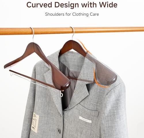 StorageWorks 6 Pack Wooden Hangers, Extra Wide Shoulder Wood Hangers with Locking Bar for Suit, Shirt, Coat, Pants, Walnut Color