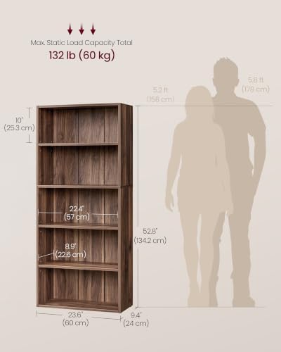 VASAGLE 5-Tier Bookshelf, Storage Organizer, 23.6 x 9.4 x 52.8 Inches