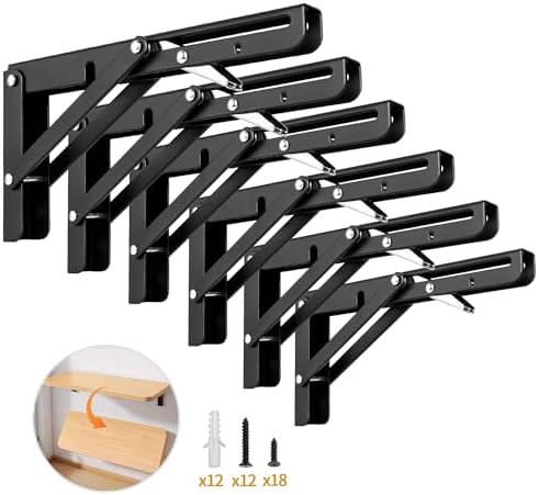 Yarssihha 8 Inch Folding Shelf Bracket, 6 Pack Heavy Duty Wall Mounted Foldable Brackets, Space-Saving Metal Collapsible