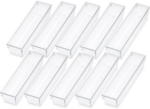 Kingrol 10 Pack Clear Narrow Tapered Drawer Organizer Trays, 12 x 3 x 2 in