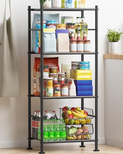 Sakugi 4-Tier Metal Storage Shelves Adjustable Feet, 18"x12"x44", Black