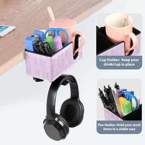 Under Desk Cup Holder Clamp on Cup Holder PU Leather Clip on Desk Organizer
