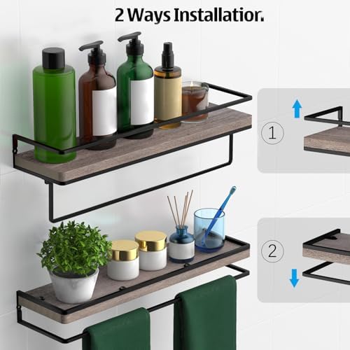 Meangood Floating Shelves Wall Mounted, Wall Shelf with Towel Bar Rustic Wood Wall Storage Shelves for Bedroom,Living Ro
