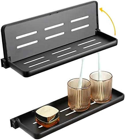 Folding Wall Shelf for Bathroom | 2-Tier Folding Metal Shelves | 90° Fold Up | Wall Mounted Drop Down Floating Shelf for