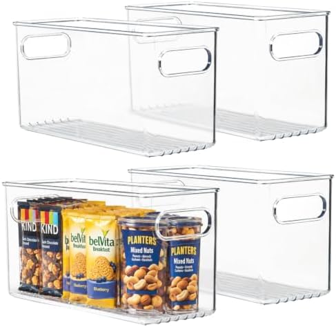 primebox Clear Plastic 4 Pack Storage Container Bin with Integrated Easy Grip Handles. For Kitchen, Fridge, Freezer, Cab