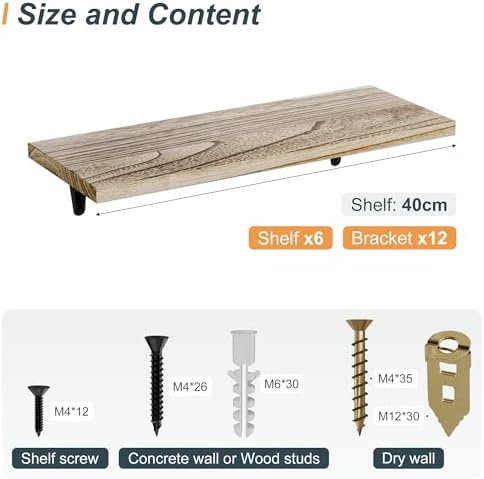 SKYSEN Floating Shelves for Wall Set of 6, 15.7in Wood Wall Shelf for Decor, Bathroom, Bedroom, Storage, Book,Kitchen, L