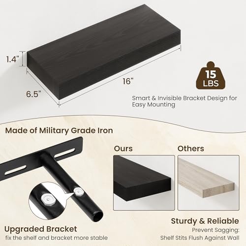 Axeman 16Inch Floating Shelves for Wall, 2 Packs, Invisible Brackets, Black