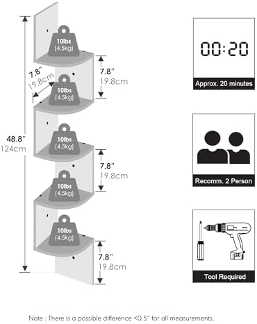 Furinno Rossi 5-Tier Black Floating Corner Shelf for Wall, Corner Zigzag Shelf Wall Mounted, Radial Wall Mount Shelves, 