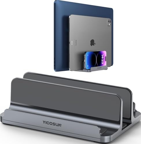 YICOSUN 3-Slot Aluminum Vertical Laptop Stand for Desk - Adjustable Width Dock for MacBook, Surface, Samsung, HP, Dell u