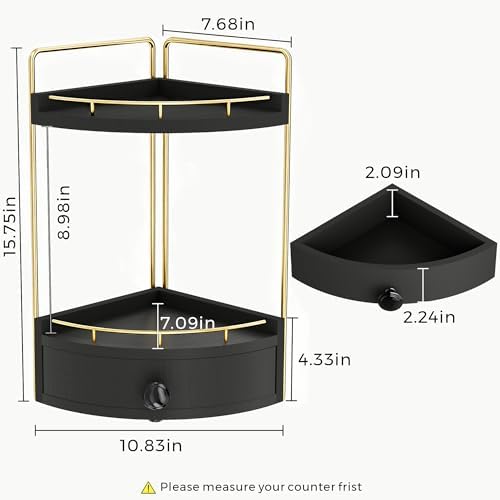 2-Tier Corner Bathroom Counter Organizer with Drawer, Black Gold