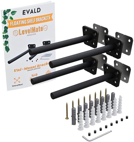 EVALD LevelMate™ Uni-Mount 6 Inch Floating Shelf Brackets, Hidden Shelf Brackets with Anti-Sag Pinol Screw System, Float