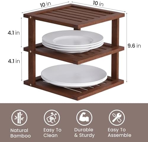 2 Pack Bamboo Corner Shelf,3 Tier Kitchen Cabinet Organizer for Plates and Dishes,Pantry Storage and Spice Rack（Brown）