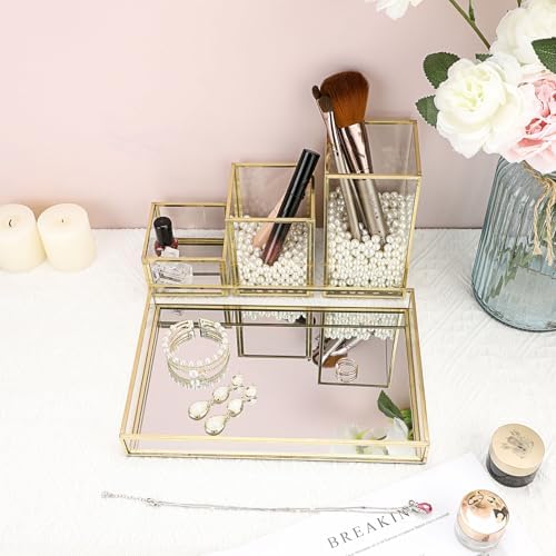 Hipiwe Set of 4 Gold Glass Makeup Brush Holder Organizer with Vanity Tray