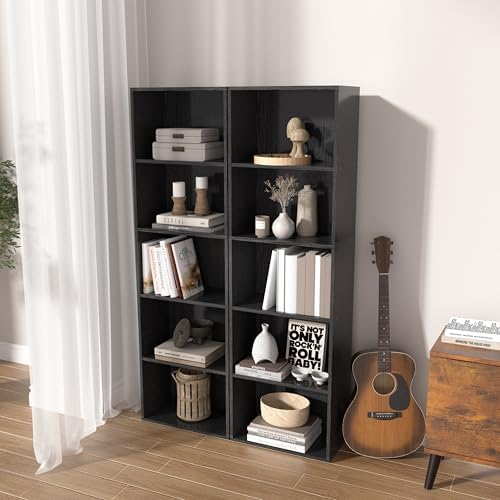 Wooden 5 Cube Storage Organizer, Black 5 Tier Bookcase Bookshelf Freestanding Storage Display Organizer, Versatile Cubes