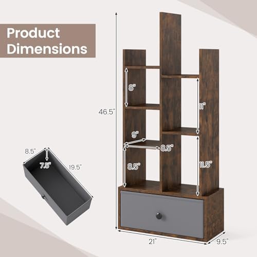 Tangkula 7-Tier Narrow Bookshelf with Fabric Drawer, Staggered Geometric Bookcase for Small Spaces, Industrial Wooden St