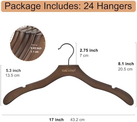 TOPIA HANGER Wooden Hangers for Women, Premium Sweater Hangers No Shoulder Bump, 360° Swivel Hook and Cut Notches Clothes Hangers for Sweater, Coat, Shirts, Hoodies, Dress, 24 Pack Walnut CT85WA