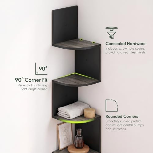Furinno Rossi 5-Tier Corner Floating Book Shelves for Wall, French Oak