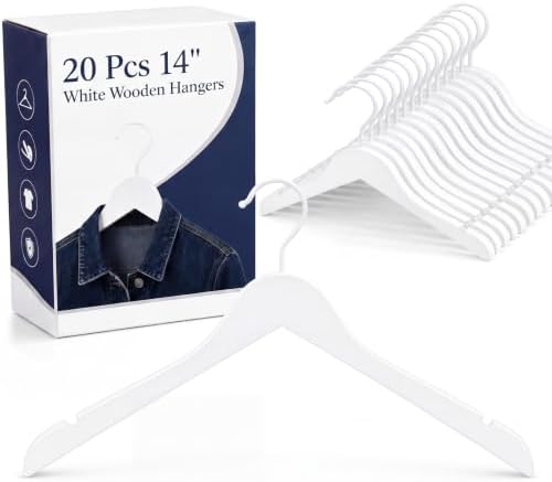 LemonRoad 20 Pcs 14'' White Wooden Hangers Juniors, Shoulder Notches