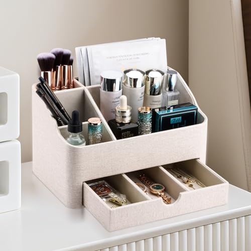KINGFOM Leather Makeup Organizer with Drawer, Cosmetic Storage for Dresser Countertop and Bathroom Vanity, Beauty Holder