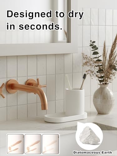 Diatomite Toothbrush Holder with Tray Set – Quick Dry Water Absorbent Stone Bathroom Counter Organizer – Minimalist Diat